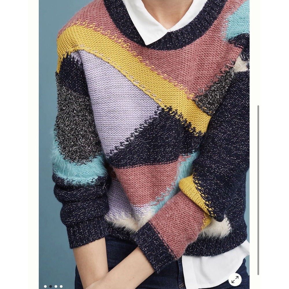 Anthropologie Moth Mod Eyelash Pullover Sweater Patchwork Knit Maximalist Sz L